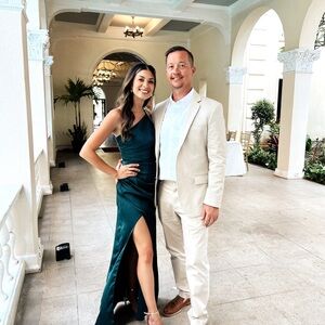 Azazie dress in Pine stretch satin